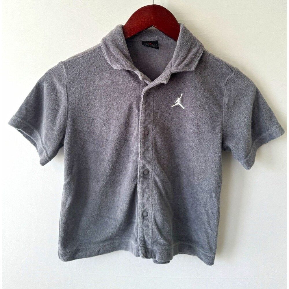 Jordan Kids Polo Shirt Size 6-7 Gray Terry Cloth Jumpman Snap Front Boys